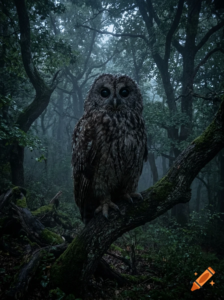 An owl perched on a mossy branch in a misty, dark forest.