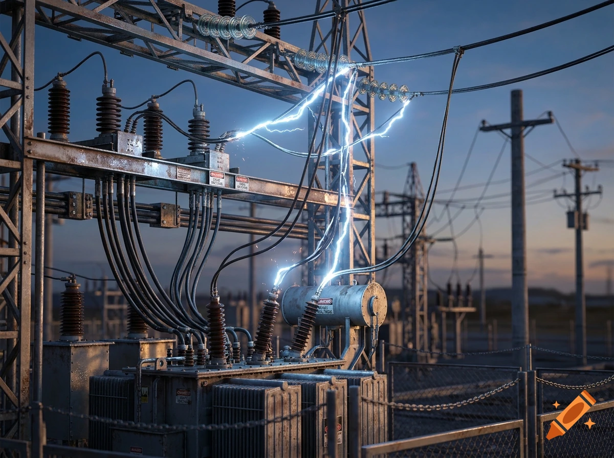 Photorealistic image of an outdoor electrical substation with complex wiring and glowing electric arcs.