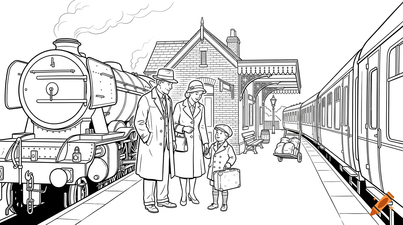 A black and white line drawing of a family standing on a railway station platform next to a steam train and passenger carriages.