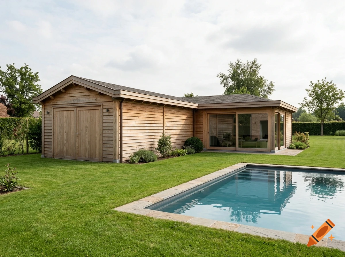 Photorealistic image of a wooden garage and pool house with a swimming pool on a green lawn.