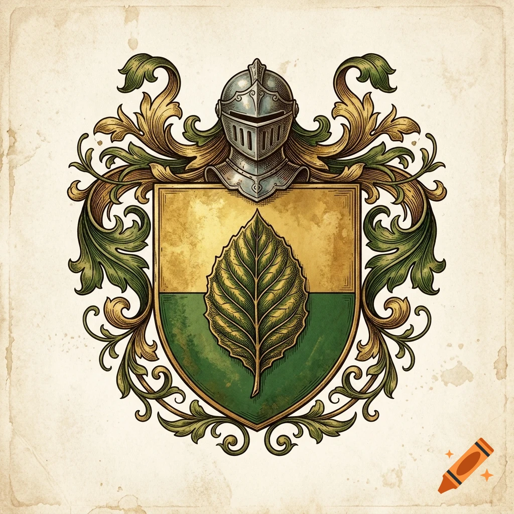 An illustrated heraldic crest featuring a shield with a leaf design, a knight's helmet on top, and ornate leafy scrollwork around it.