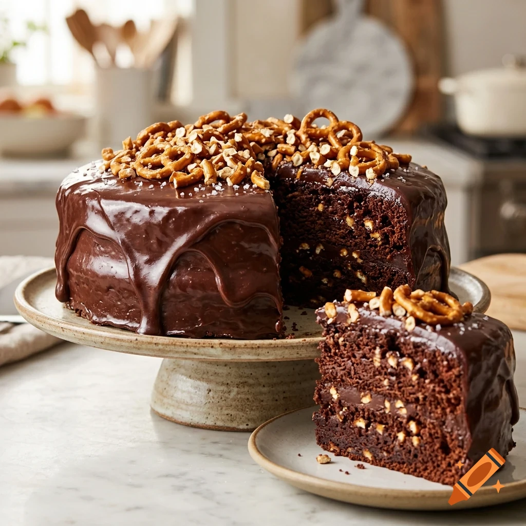 A frosted chocolate layer cake topped with pretzels and nuts on a cake stand, with a slice on a plate next to it.