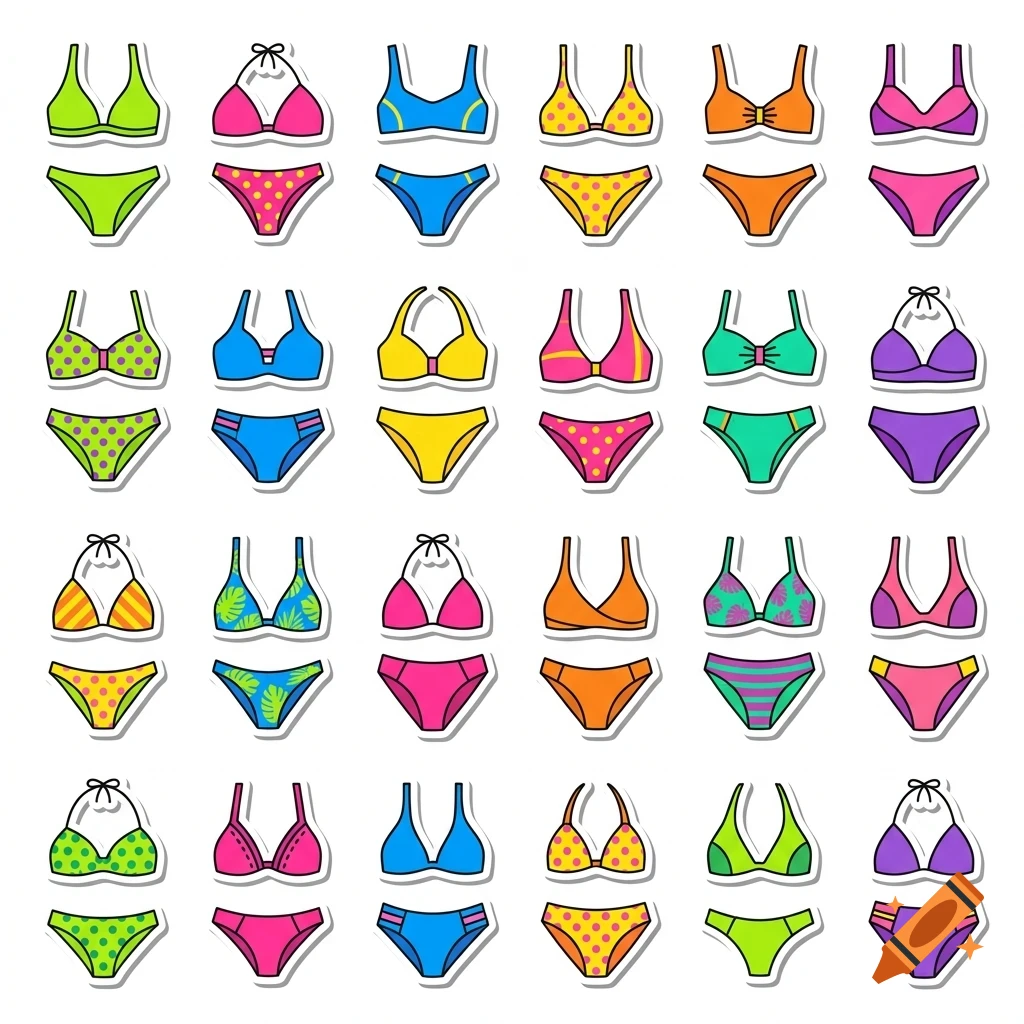 An array of various colorful bikini sets in sticker style against a white background.
