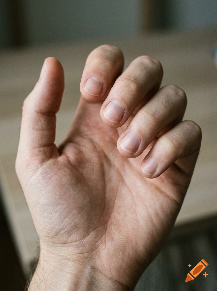 Close-up of an open human hand, showing the palm and fingernails.