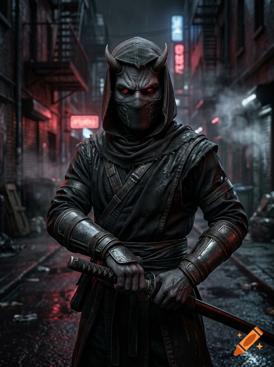 Photorealistic image of a demon ninja with horns, a black hood, and glowing red eyes holding a katana in a dark alleyway.