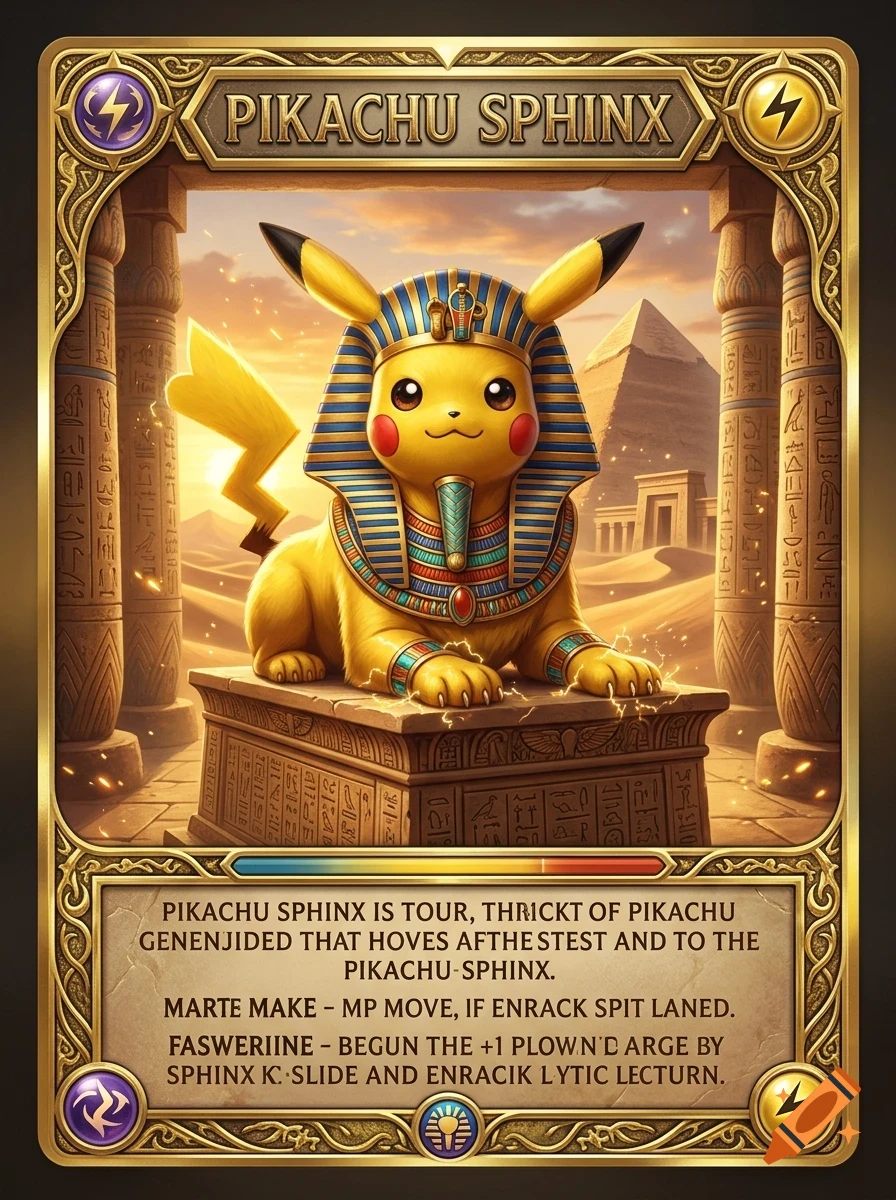 An ornate fantasy trading card featuring a yellow character resembling Pikachu styled as an Egyptian sphinx inside an ancient temple setting with pyramids in the background.