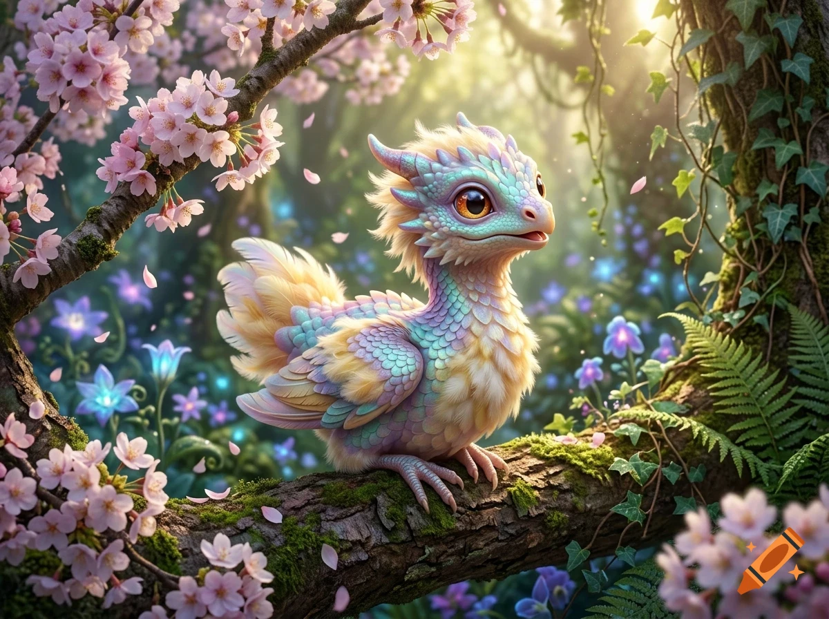 A cute, small fantasy dragon with pastel-colored scales and feathers sits on a mossy tree branch surrounded by blooming cherry blossoms and glowing flowers.