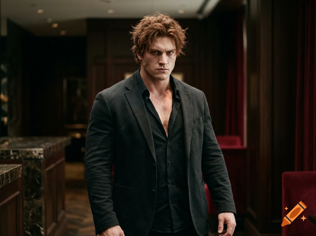 Realistic portrait of a muscular young man with messy red hair and an intense expression, wearing a dark blazer over a black shirt in a moody interior setting.