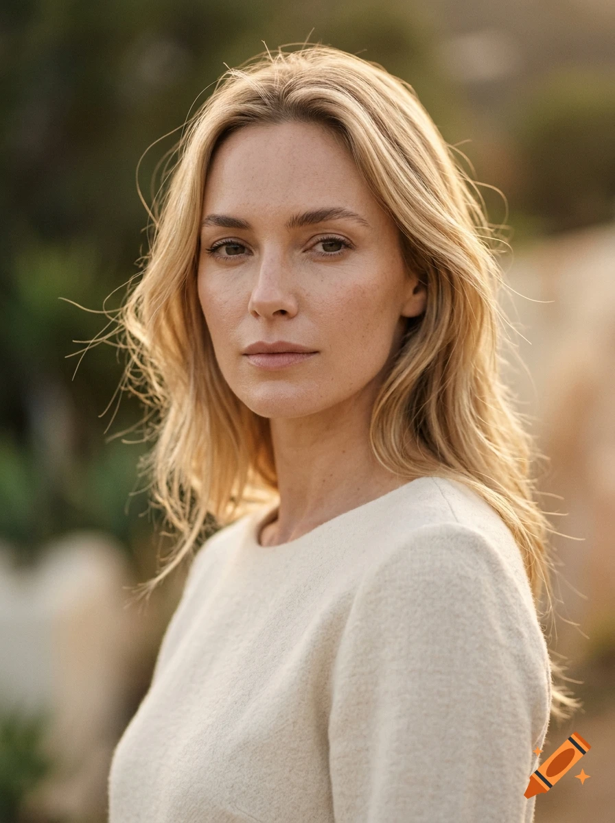 Photorealistic portrait of a blonde woman with shoulder-length hair wearing a cream-colored top against a blurred outdoor background.