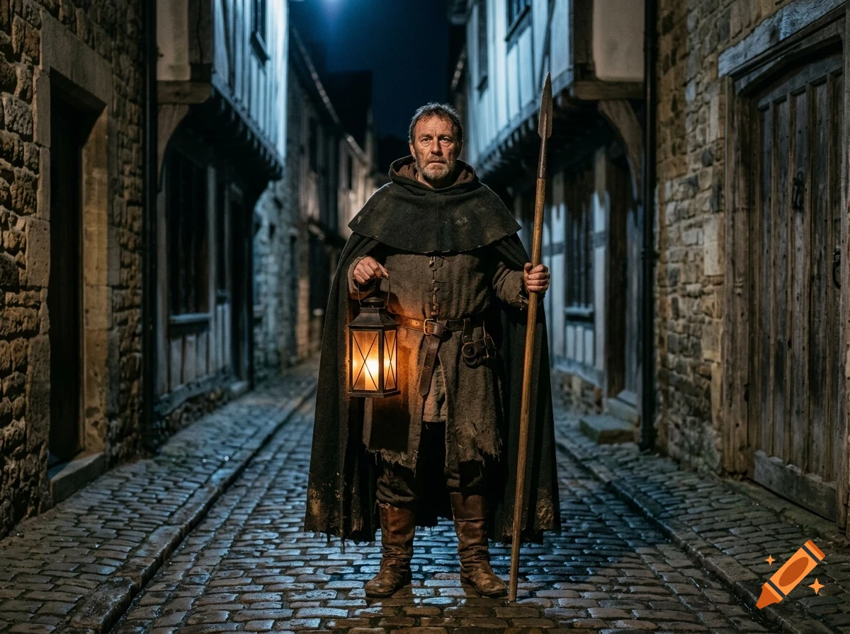 A man in medieval garb holding a lit lantern and a spear stands in a cobblestone alley between old buildings at night.