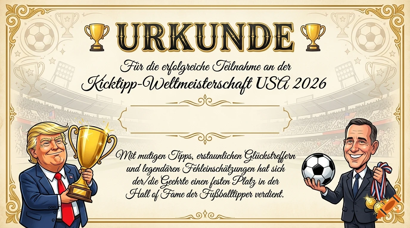 An award certificate featuring soccer themes, trophies, and caricature-style portraits of political figures.