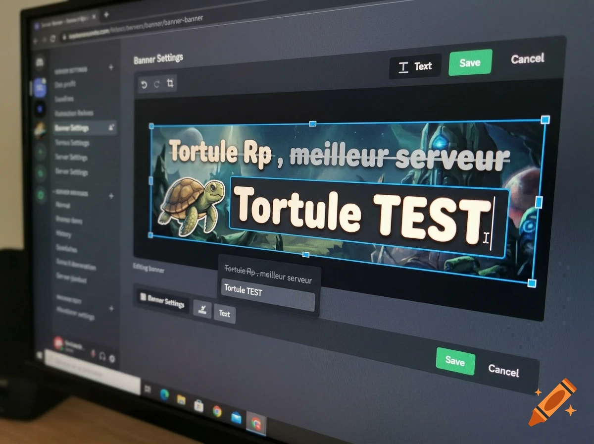 A computer monitor displaying a graphic design and banner editing interface with text and a turtle illustration.