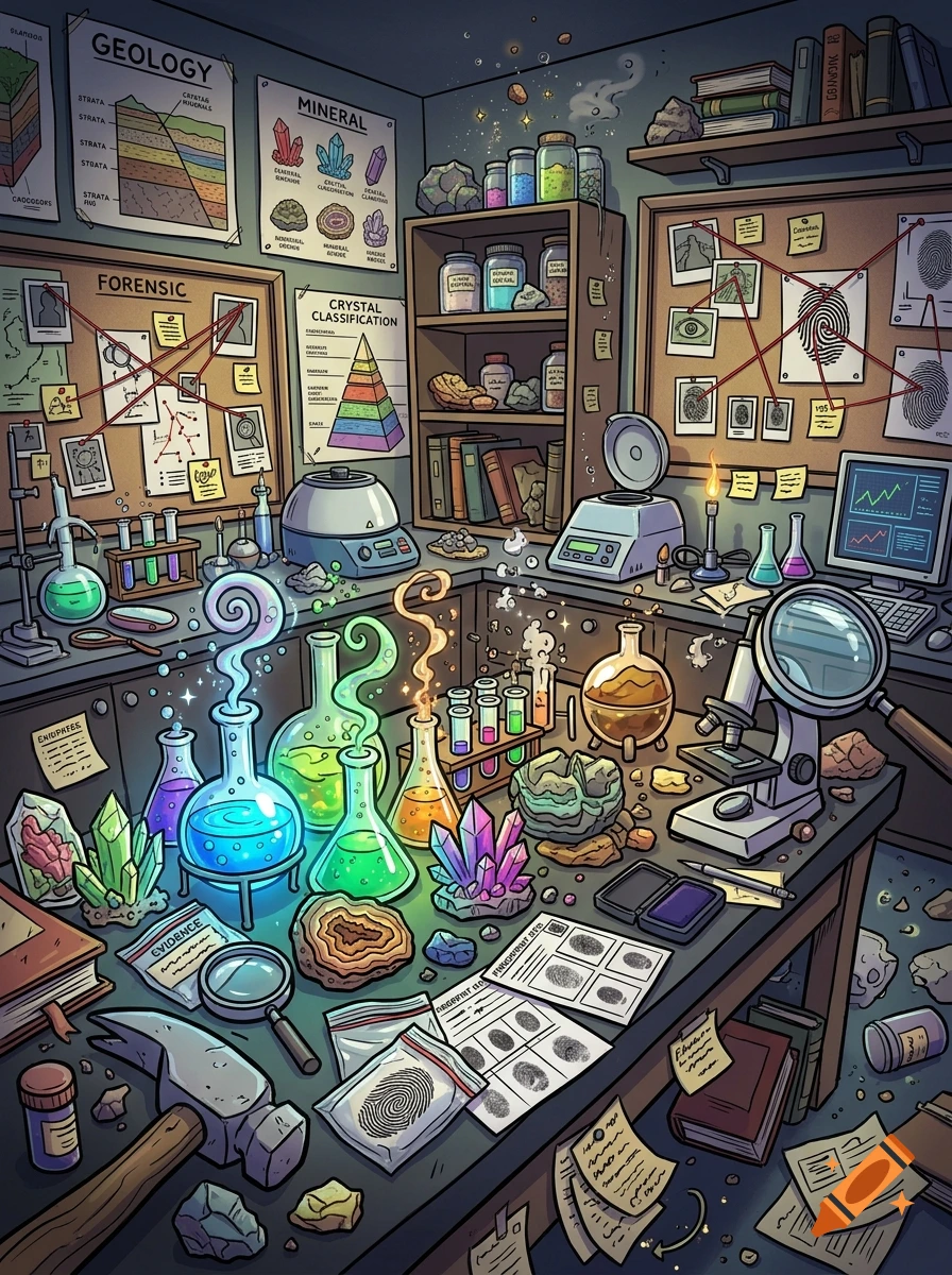 A cartoon illustration of a chaotic and cluttered laboratory filled with geology, chemistry, and forensics equipment.