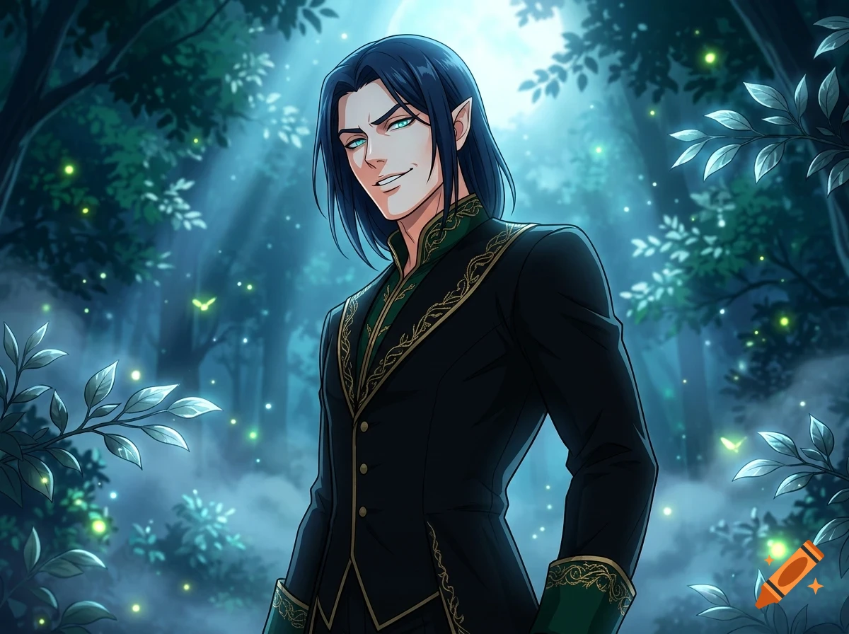 An anime-style illustration of an elf-like male character with dark blue hair and glowing eyes, wearing a dark suit with ornate gold trim, standing in a misty glowing forest at night.