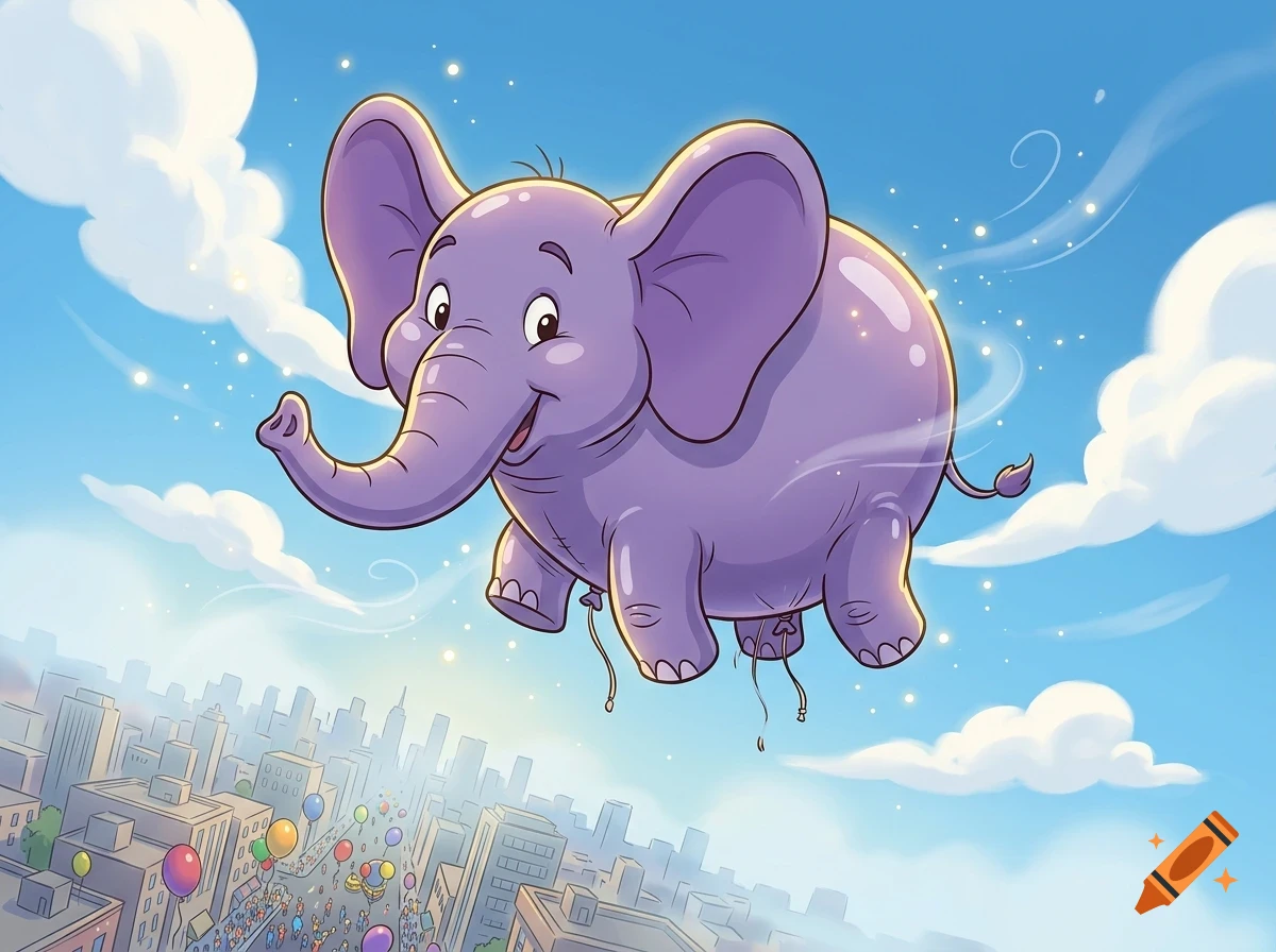A friendly purple elephant floating in the sky above a city.
