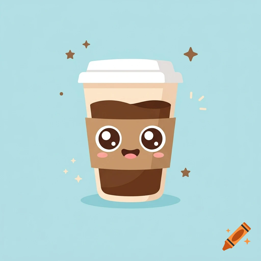 A cute cartoon illustration of a disposable coffee cup with a smiling face, big sparkling eyes, and a brown sleeve against a light blue background.