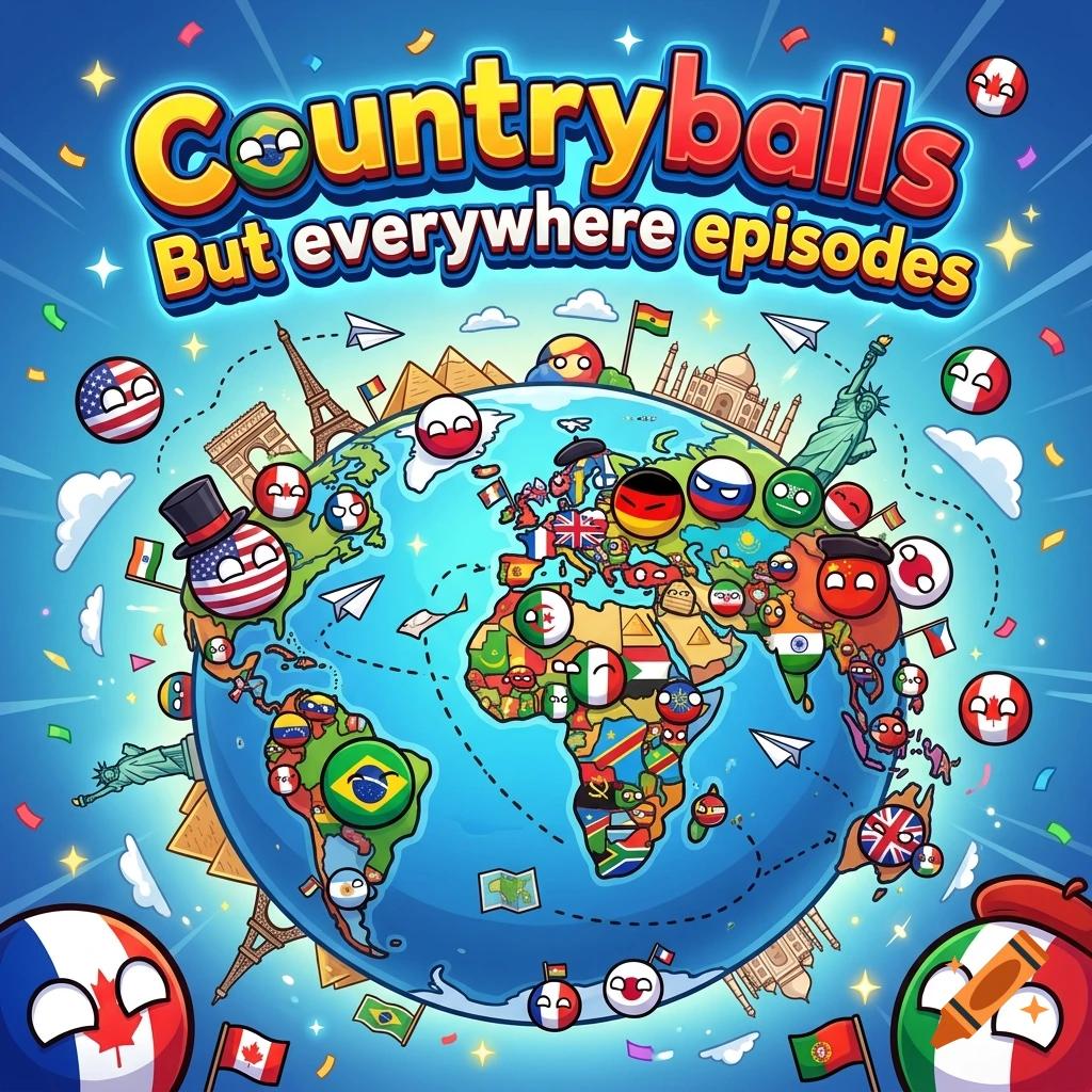 Digital illustration of countryballs characters positioned all over a detailed globe with landmarks.