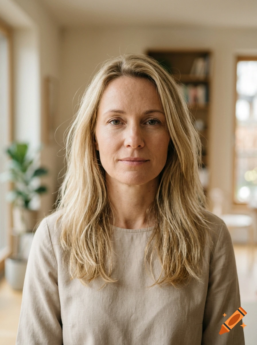 Photorealistic portrait of a blonde woman looking directly at the camera in a brightly lit room.