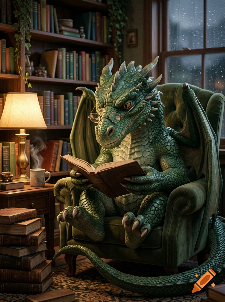 A cozy photorealistic illustration of a green dragon wearing glasses and reading a book in an armchair.
