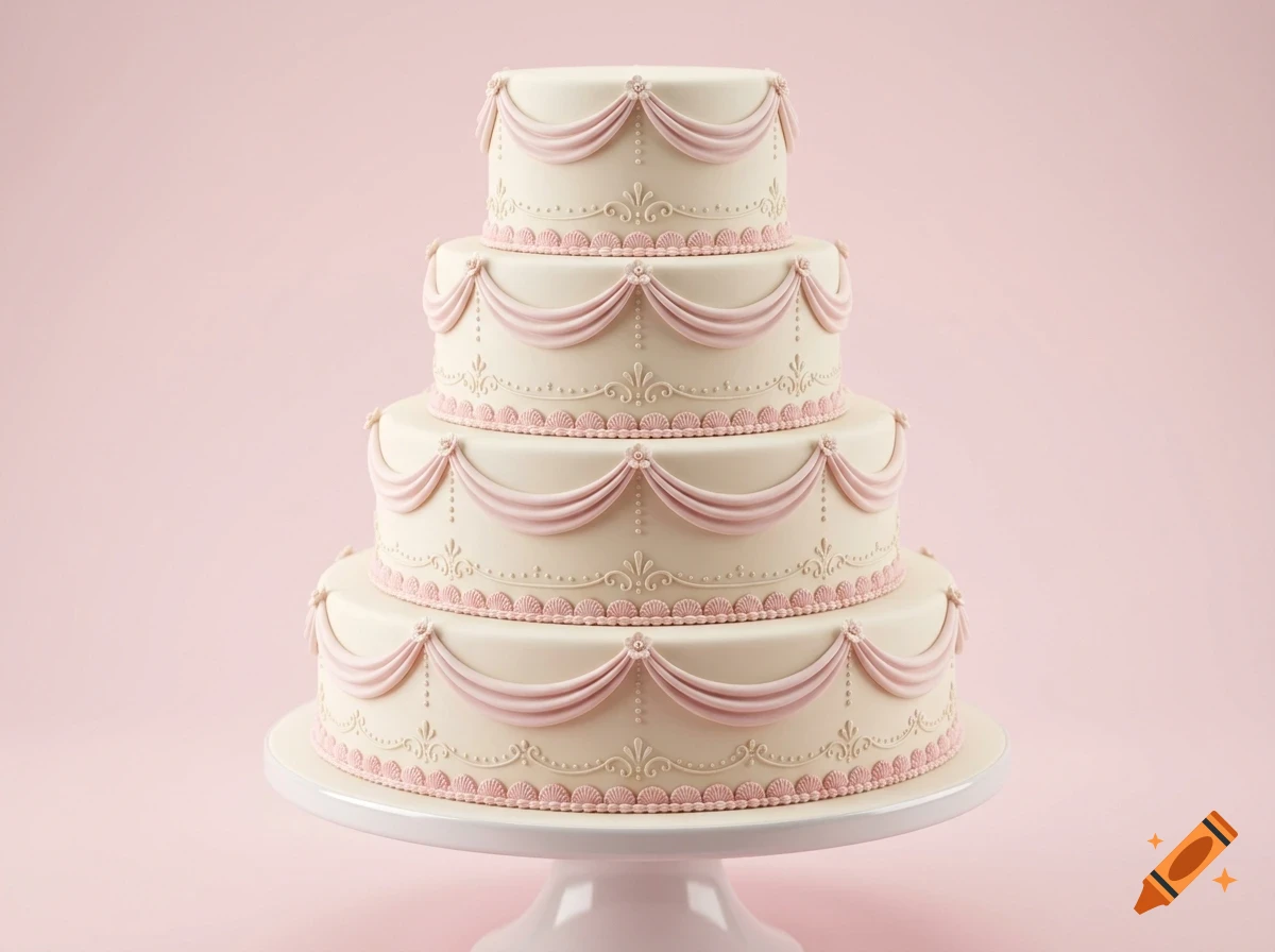 A four-tier white cake decorated with pink frosting swags and delicate piping, displayed on a cake stand against a pink background.