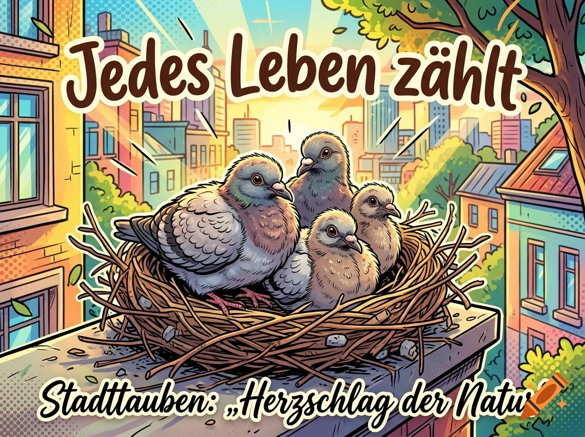 An illustrated poster showing four pigeons in a nest on a rooftop against a cityscape background, with German text above and below.