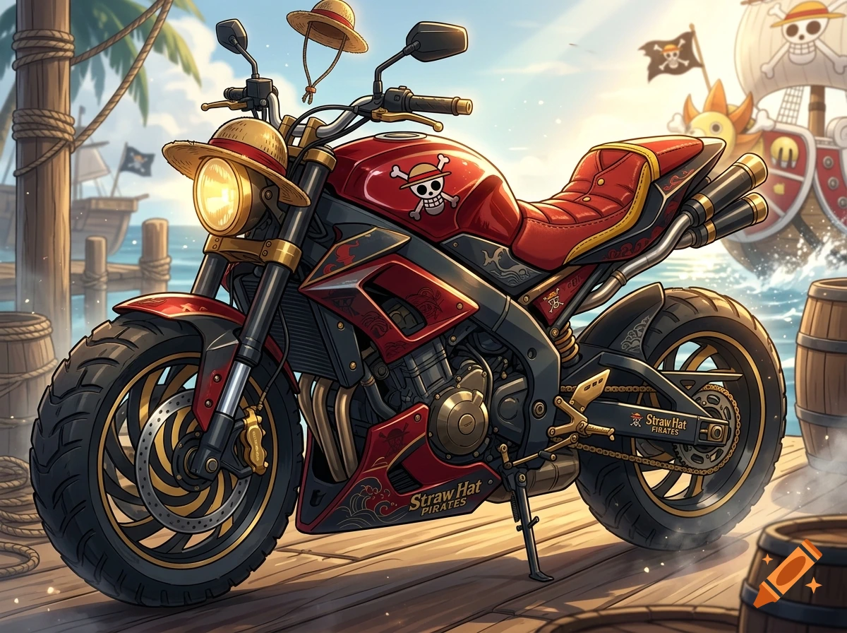 Anime-style red and gold motorcycle themed after One Piece, parked on a wooden dock with pirate ships in the background.