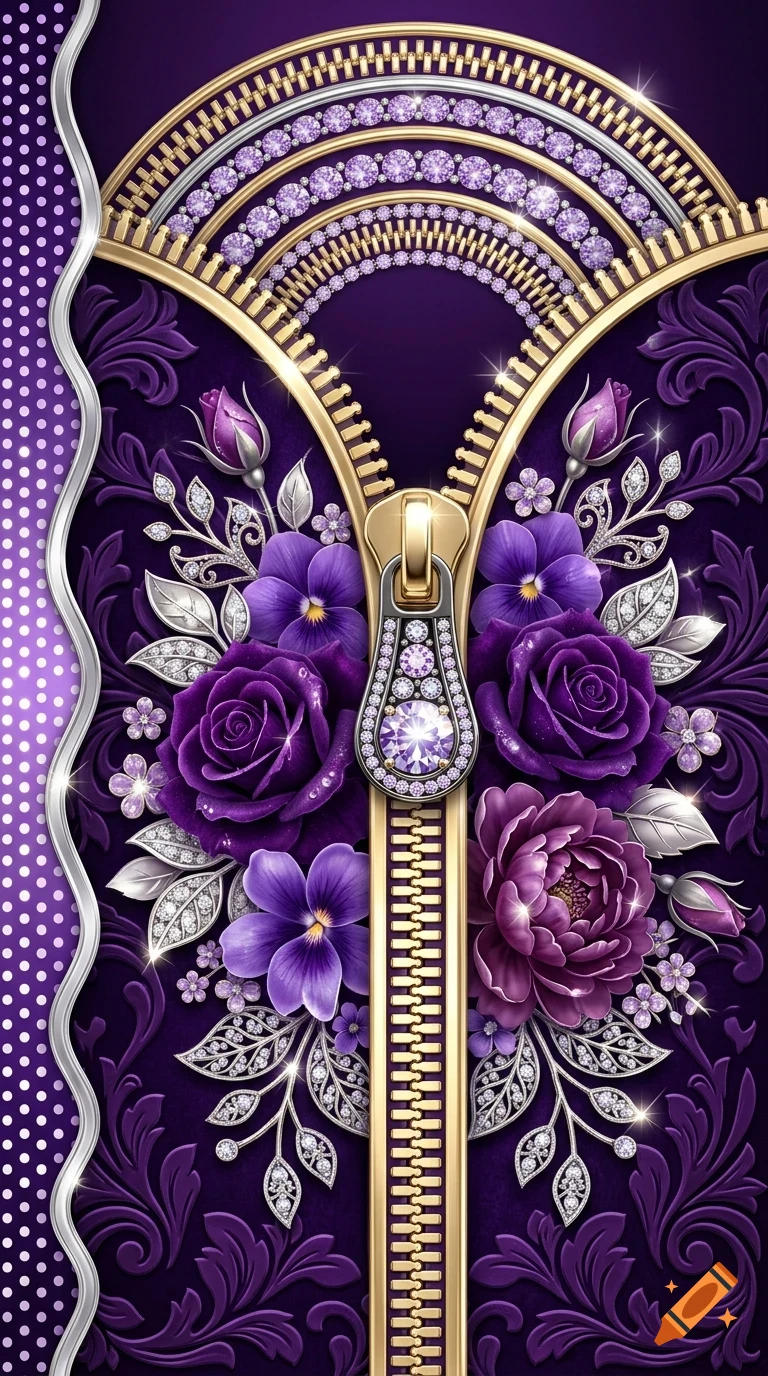 An ornate purple design featuring a gold zipper, diamond arches, purple roses, and silver floral patterns.