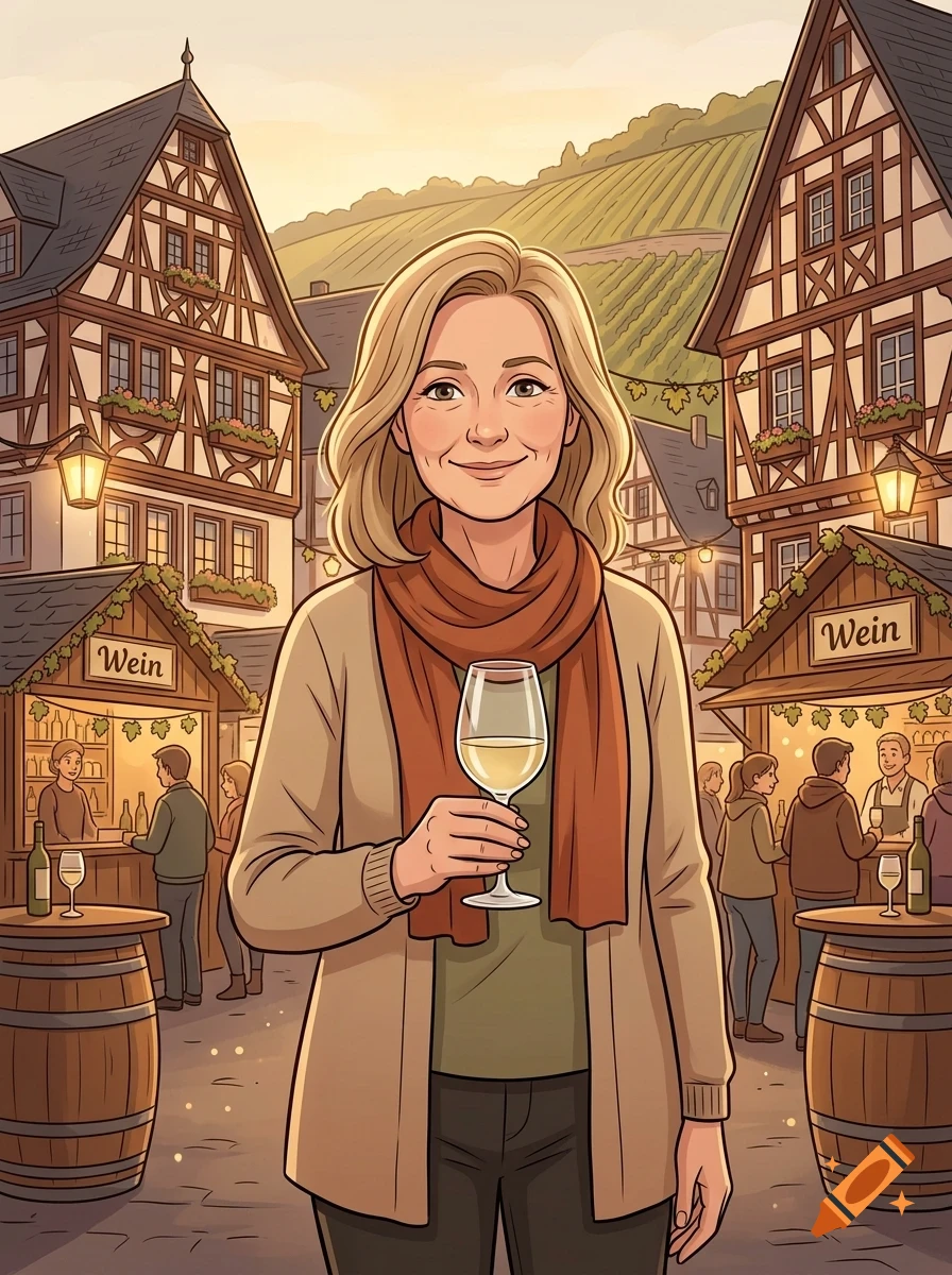 An illustrated portrait of a smiling blonde woman holding a glass of white wine, standing in a historic German village street with half-timbered houses and wine stalls.