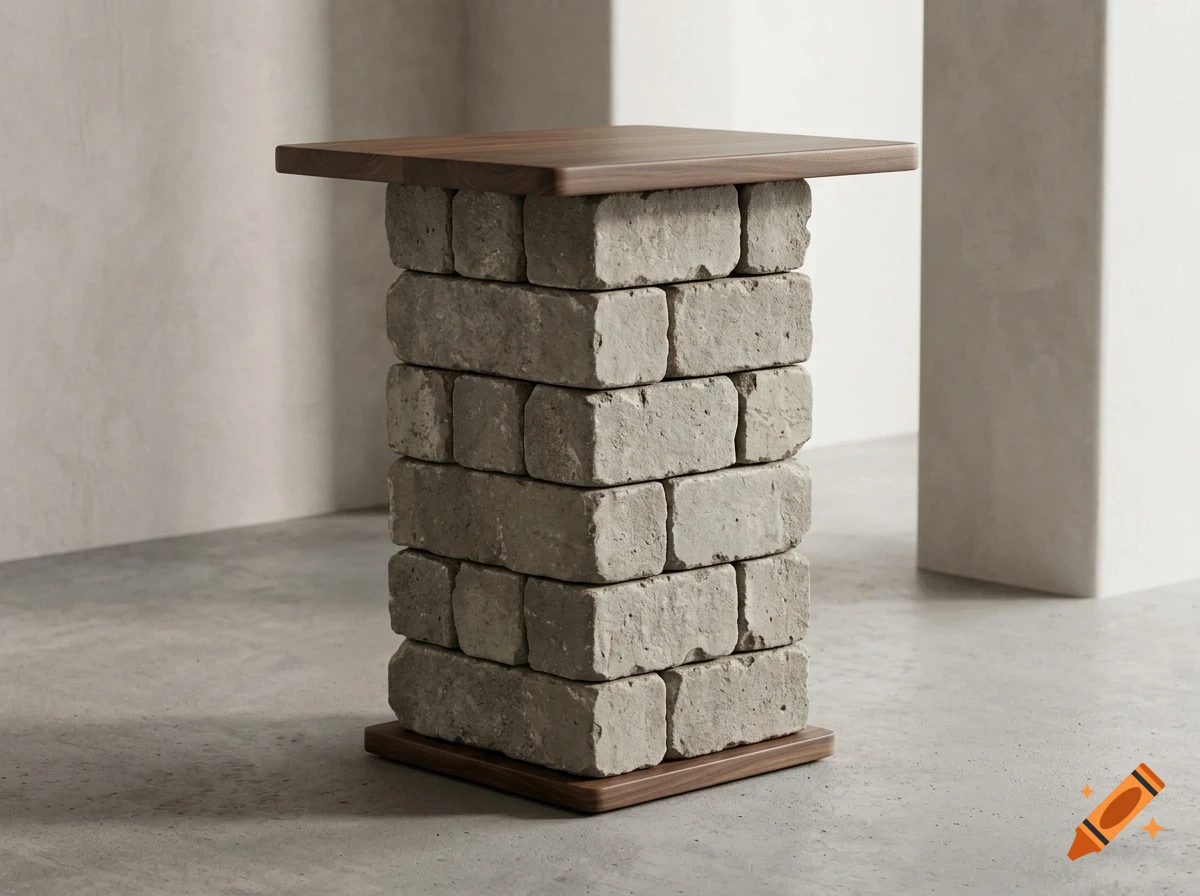 A modern minimalist side table featuring a central pedestal made of stacked rough stone blocks with flat wooden top and base panels.