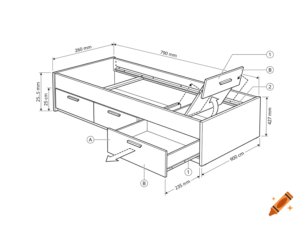 An engineering diagram of a bed frame with drawers and storage compartments, featuring measurement dimensions in millimeters and centimeters and numbered parts labels.