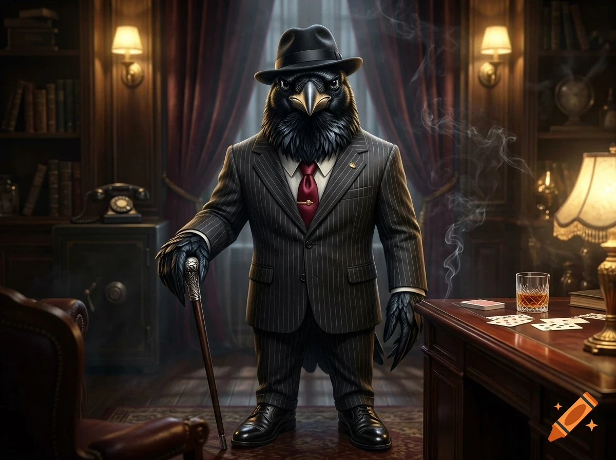An anthromorphic crow wearing a pinstripe suit, fedora, and red tie stands in a classic study holding a cane.