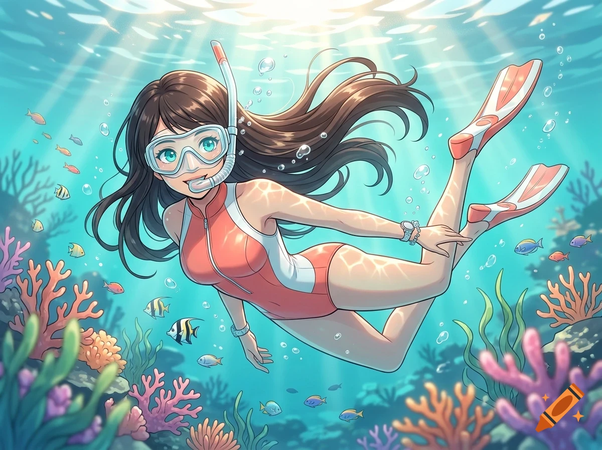 An anime-style illustration of a woman snorkeling and swimming among colorful coral and tropical fish in clear blue ocean water.