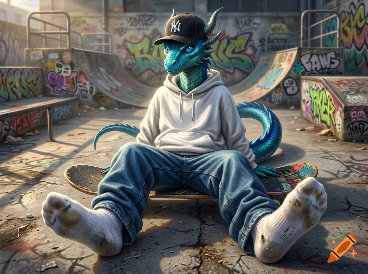 An anthropomorphic blue dragon wearing a baseball cap and hoodie sits on a skateboard at a skatepark.