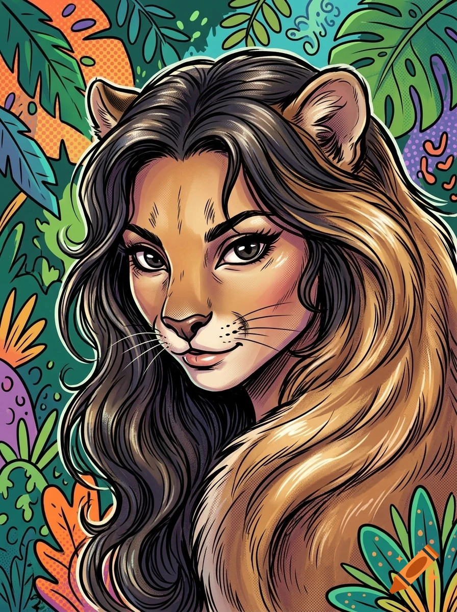 An illustrated portrait of a fantastical hybrid female character with lion-like features, including animal ears and whiskers, surrounded by a lush jungle background.