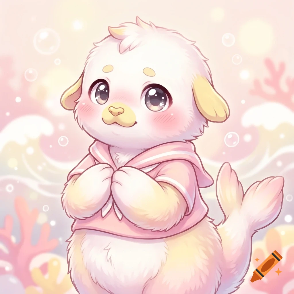 An adorable fantasy creature with the fluffy head of a lamb and the tail of a seal, wearing a pink hoodie against an underwater coral background.
