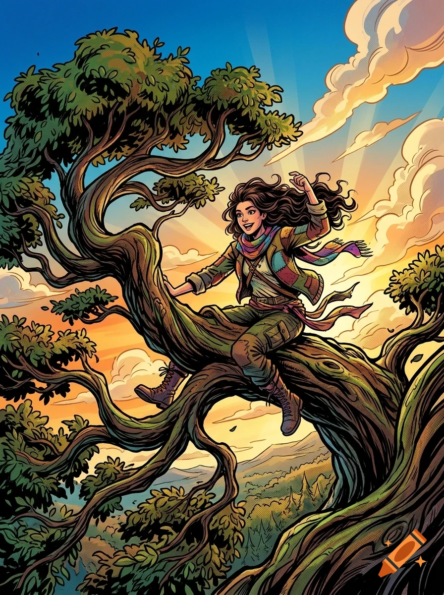 A woman sits comfortably on a large branch of a sprawling tree, smiling as she looks out over a landscape at sunset. The style is comic-book illustration.