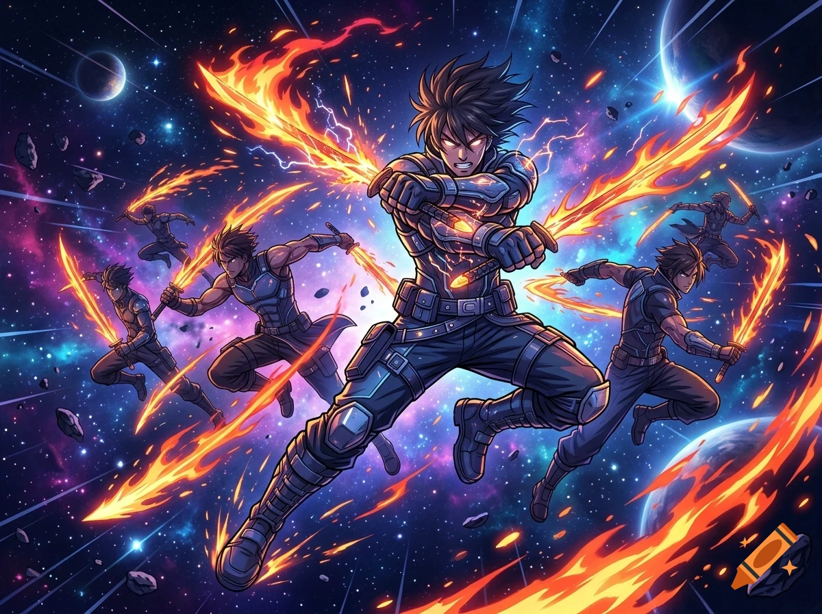 An anime-style illustration of a warrior surrounded by clones wielding flaming swords in a cosmic space setting.