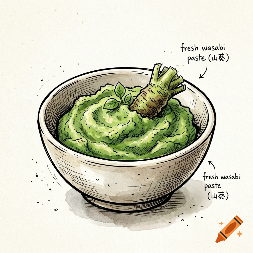 An illustration of fresh wasabi paste in a bowl, labeled with text.