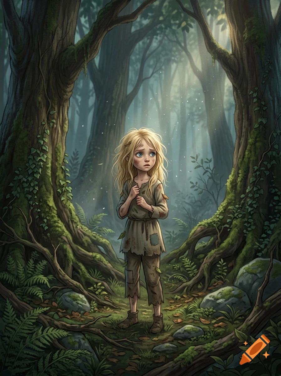 Digital illustration of a young blonde girl with blue eyes standing alone in a misty, mossy forest, looking worried.