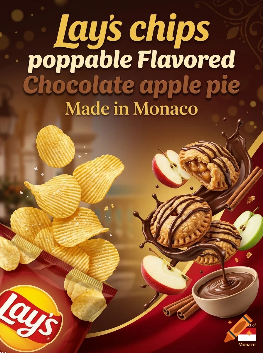 An advertisement for Lay's chips with chocolate apple pie flavor featuring potato chips, mini pies, apple slices, chocolate sauce, and cinnamon sticks.