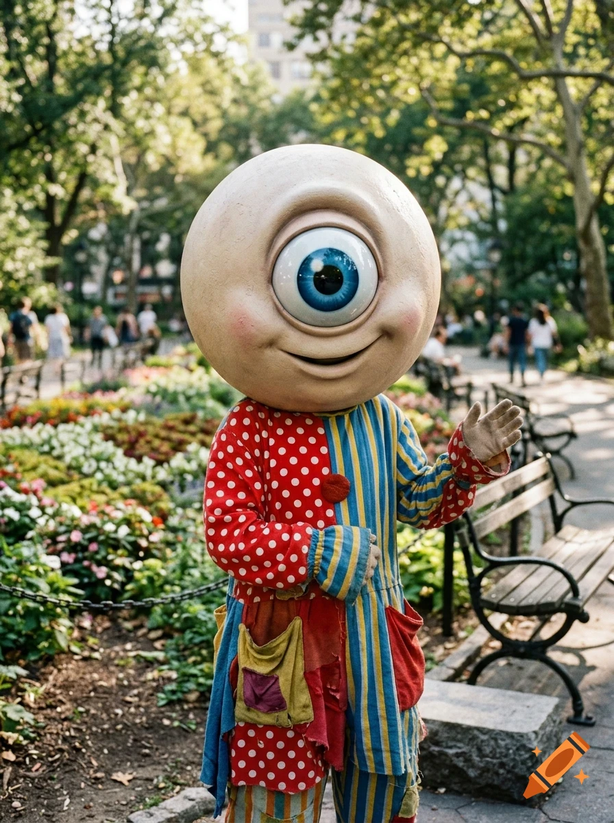A costumed character with a large spherical head featuring a single blue eye and a smiling mouth, wearing a colorful patchwork jumpsuit, waves in a park.