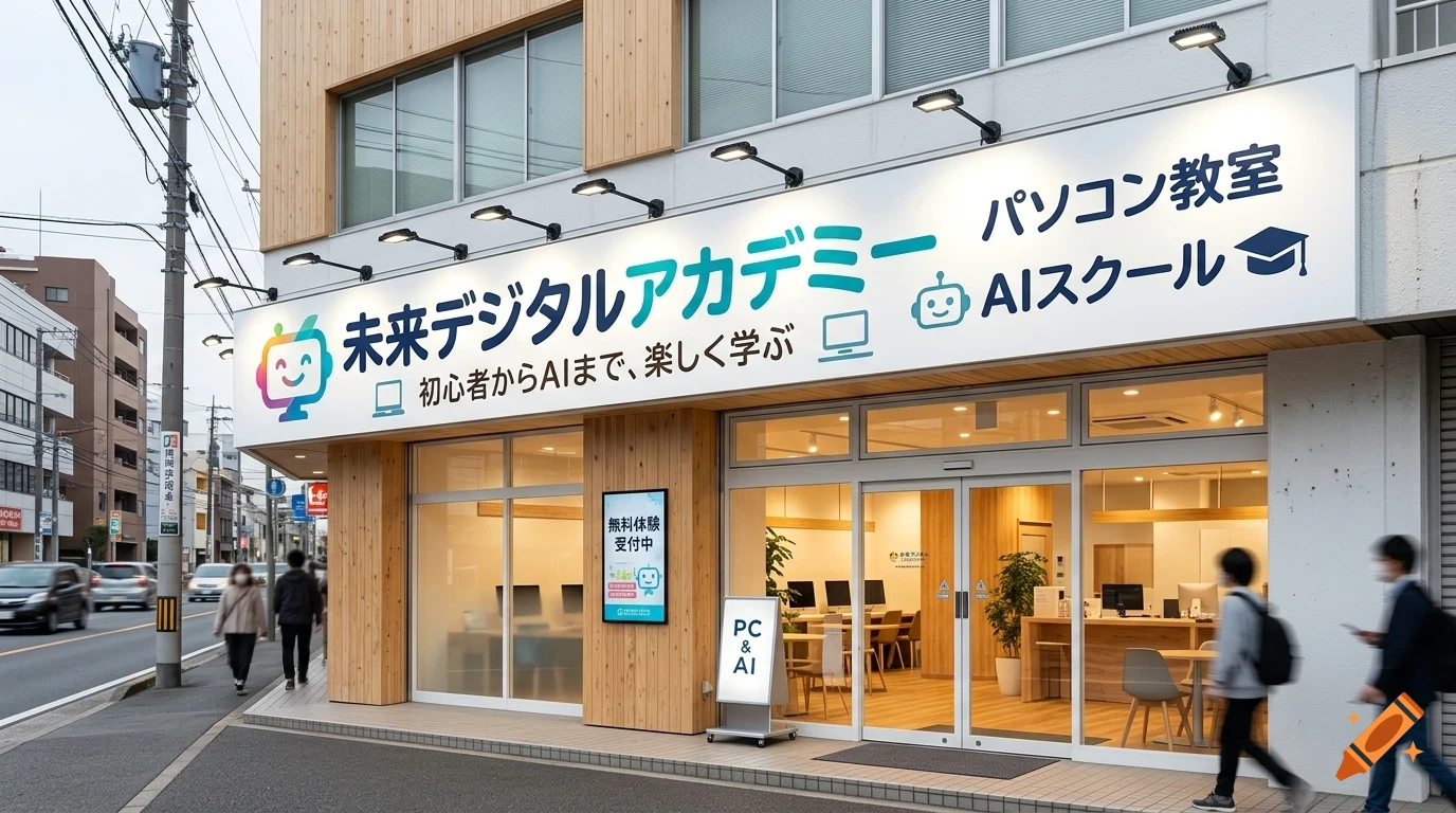 Exterior view of a modern computer and AI school storefront on a city street, with large Japanese signage and people walking by on the sidewalk.