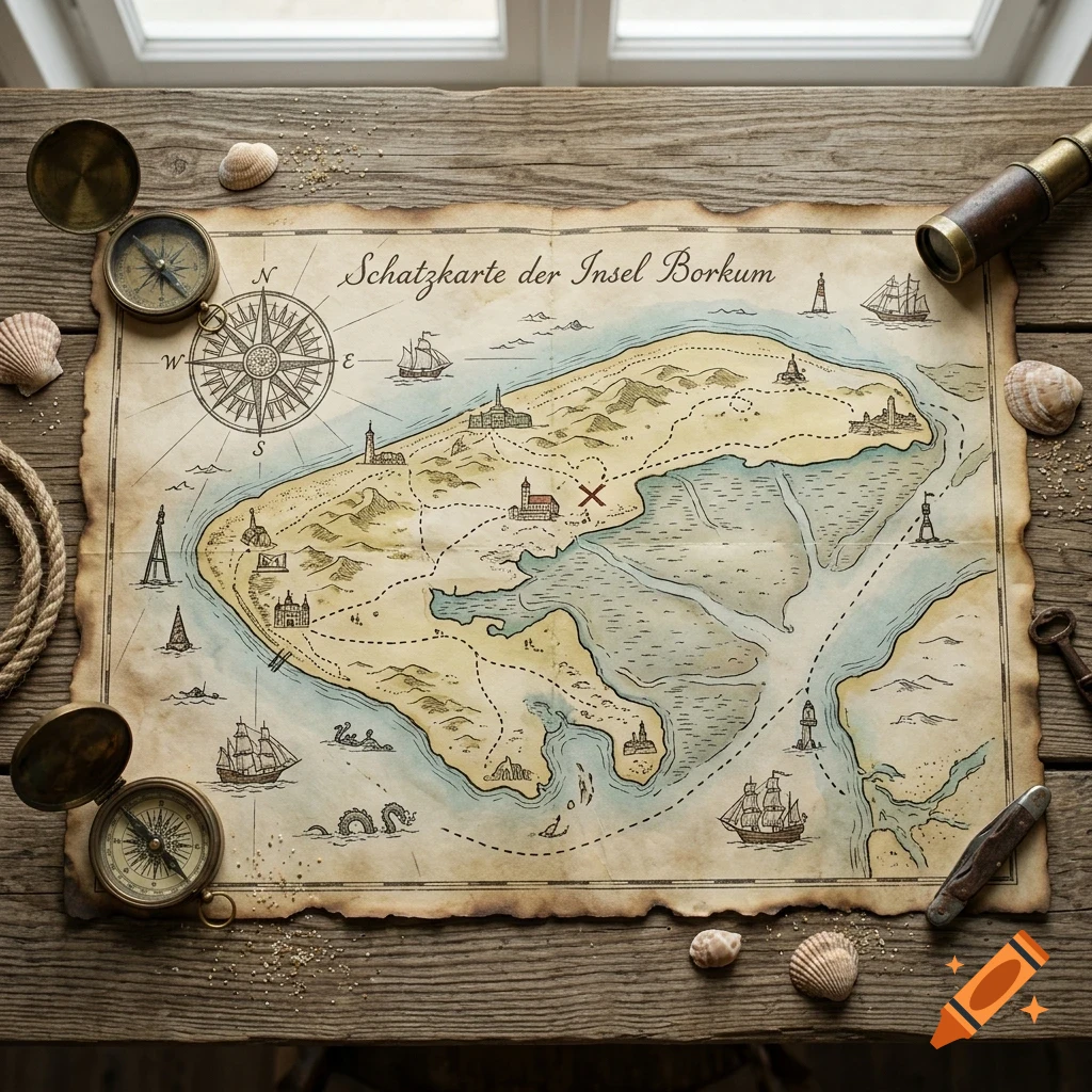 An old treasure map lies on a wooden table, surrounded by a compass, seashells, a spyglass, and a key.