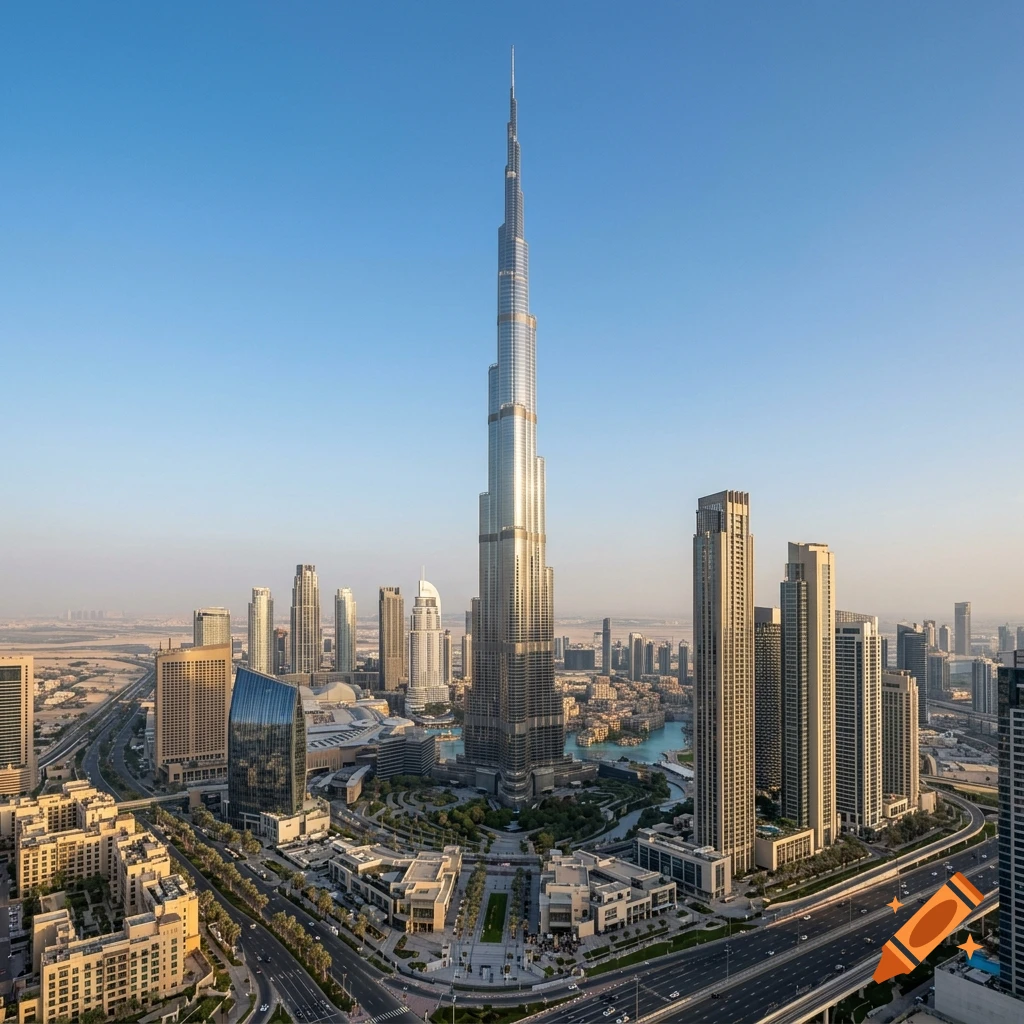 Aerial view of the Burj Khalifa tower surrounded by modern skyscrapers in Dubai under a clear blue sky, photorealistic.