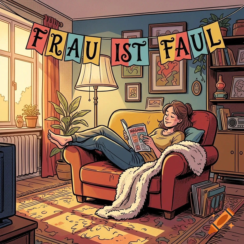 An illustrated cozy living room interior with a woman relaxing on a red armchair reading a magazine under a banner reading "FRAU IST FAUL".