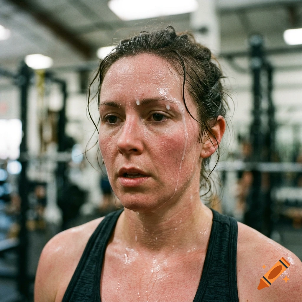 Close-up photorealistic portrait of a woman sweating heavily after a workout in a gym.