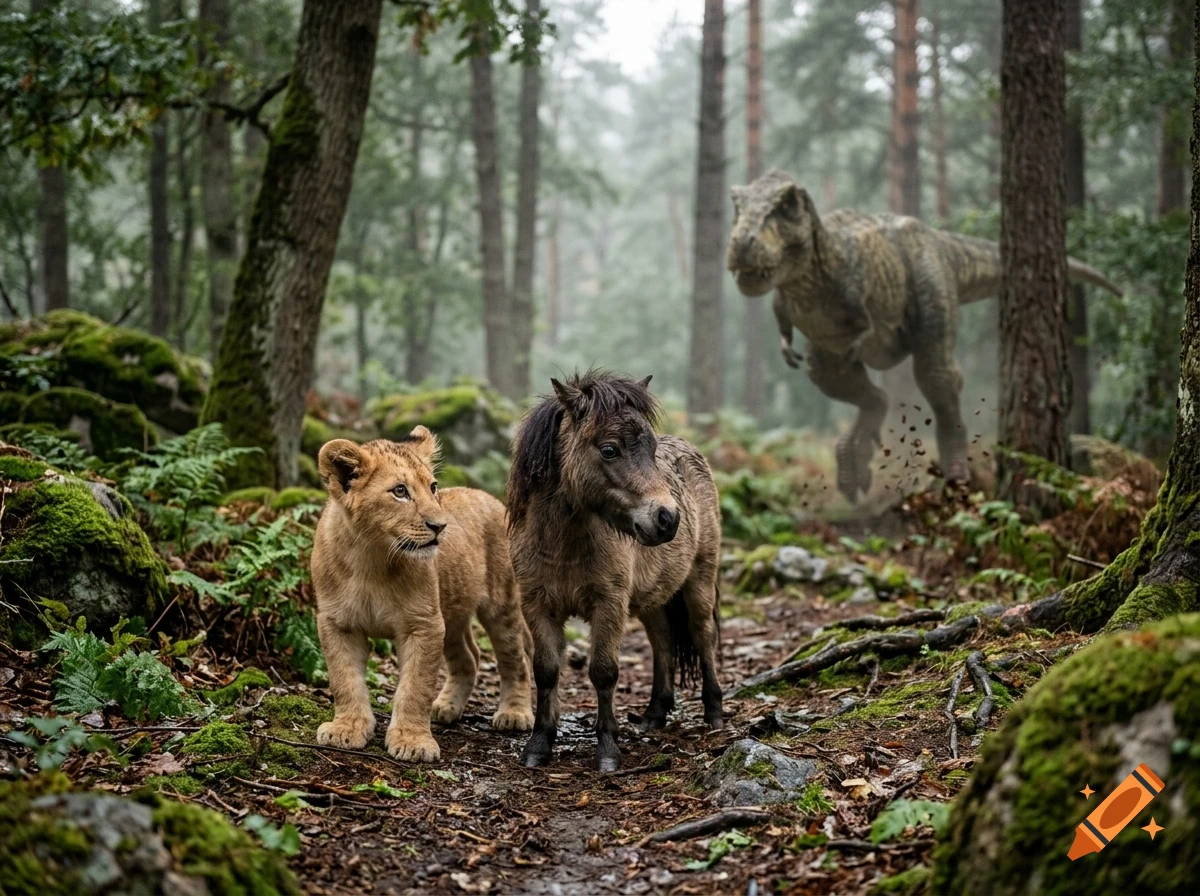 A lion cub and a small pony stand together on a dirt path in a forest, while a Tyrannosaurus rex approaches in the background.