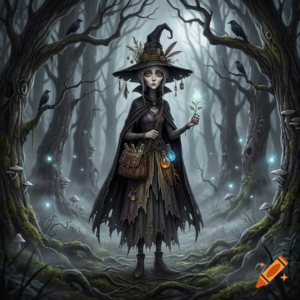 A dark fantasy illustration in Tim Burton style of a female healer witch standing in a gloomy, misty forest surrounded by crows and glowing mushrooms.