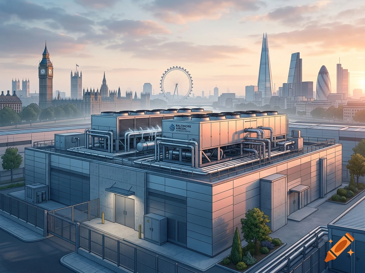 Digital illustration of a modern industrial datacenter with HVAC cooling units on the roof, with the London skyline in the background at sunset.