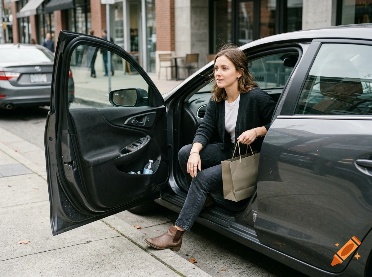 A young woman wearing a cardigan and boots sitting in the open door of a gray car, holding a shopping bag.